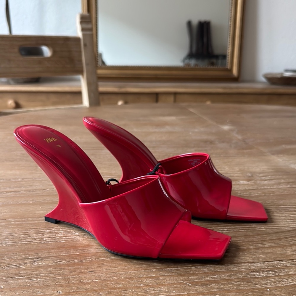 Zara Red Patent Wedge Mules